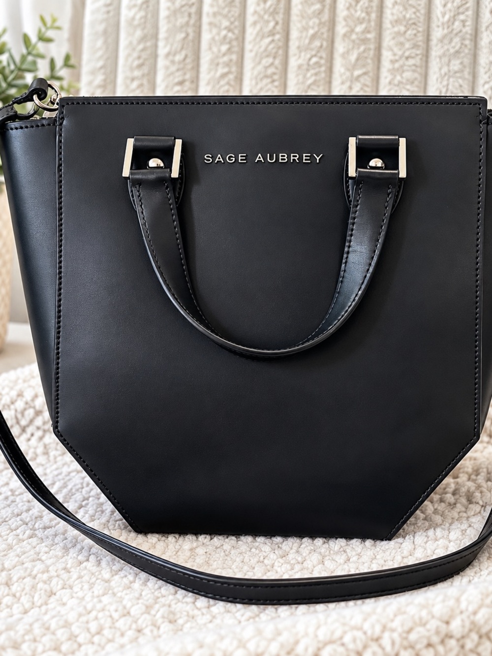 Sage Aubrey Black Leather-Look Structured Satchel Lourdes Bag
